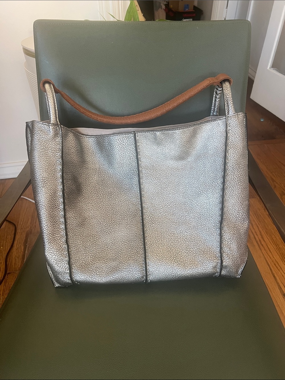 The Sak Loz Feliz Large Silver Tote Bag with Brown Handle
